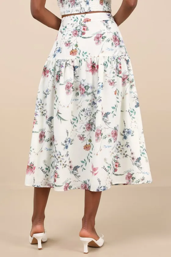 Beautifully Chic White Floral Drop Waist Midi Skirt sold by Lulus product image thumbnail 4