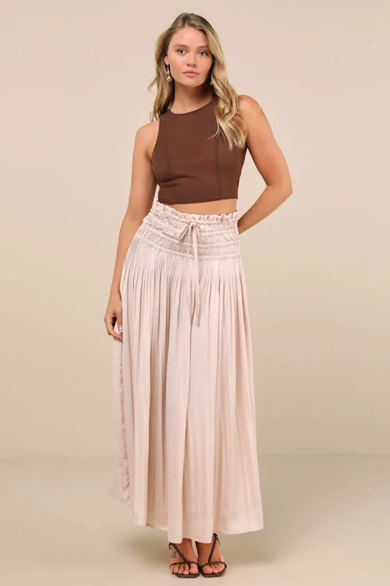 Maina Beige Plisse Drawstring High-Rise Maxi Skirt sold by Lulus