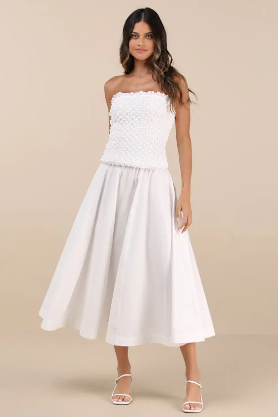 Aaralyn White Textured Strapless Drop Waist Midi Dress sold by Lulus