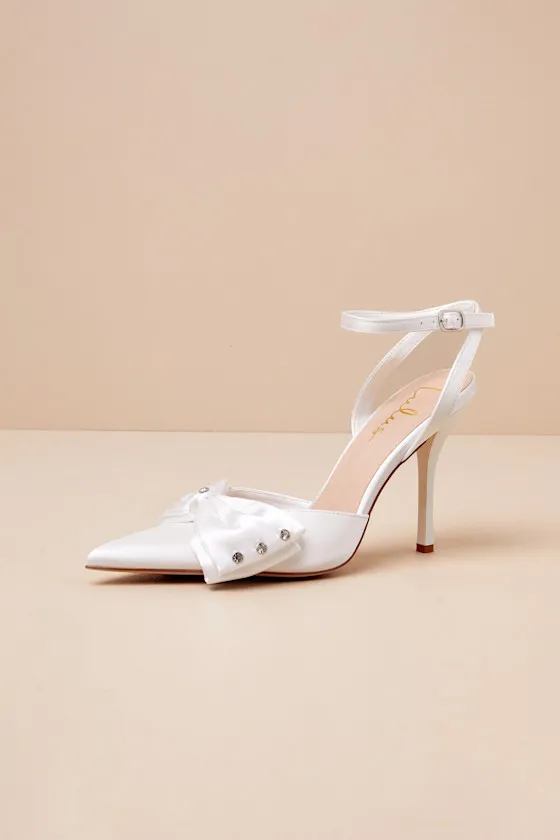 Ellandra White Satin Rhinestone Bow Ankle Strap Pumps sold by Lulus