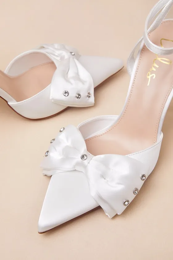 Ellandra White Satin Rhinestone Bow Ankle Strap Pumps sold by Lulus product image thumbnail 3