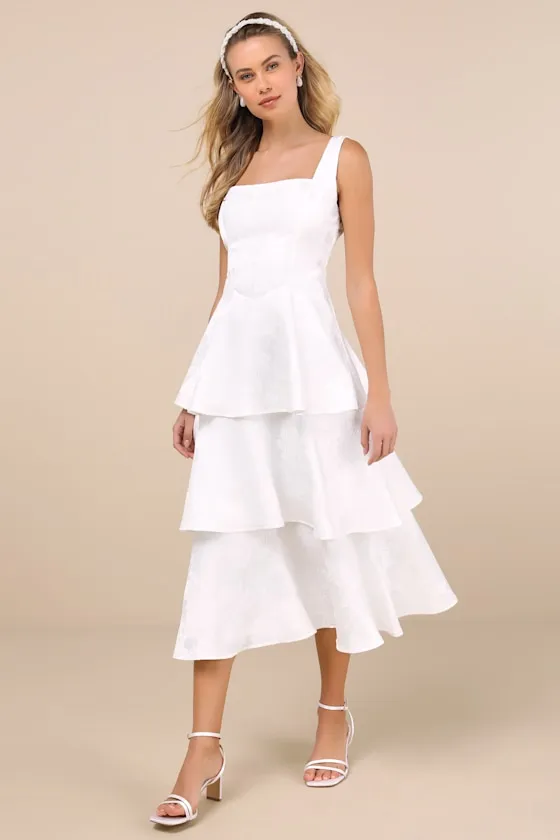 Elinore White Jacquard Tiered Midi Dress sold by Lulus product image thumbnail 2