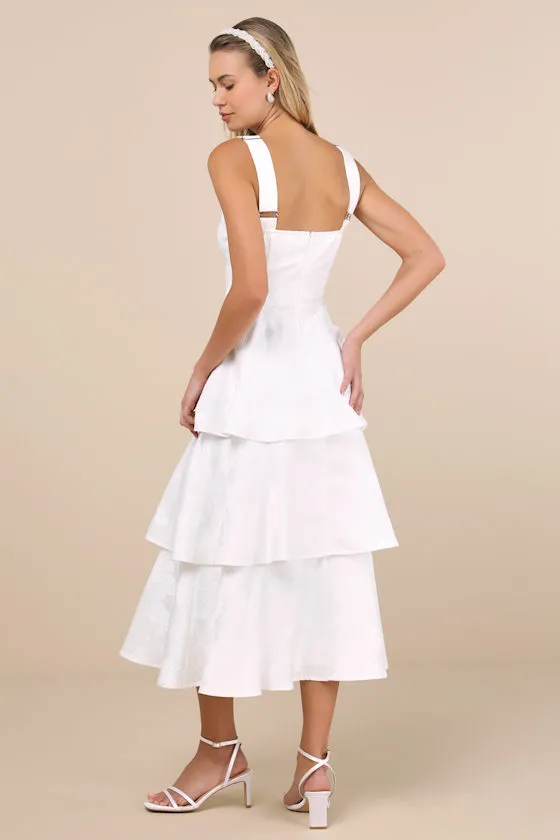Elinore White Jacquard Tiered Midi Dress sold by Lulus product image thumbnail 3