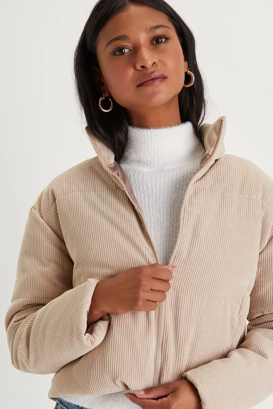 Cloud Nine Cutie Beige Cropped Corduroy Puffer Jacket sold by Lulus product image thumbnail 4