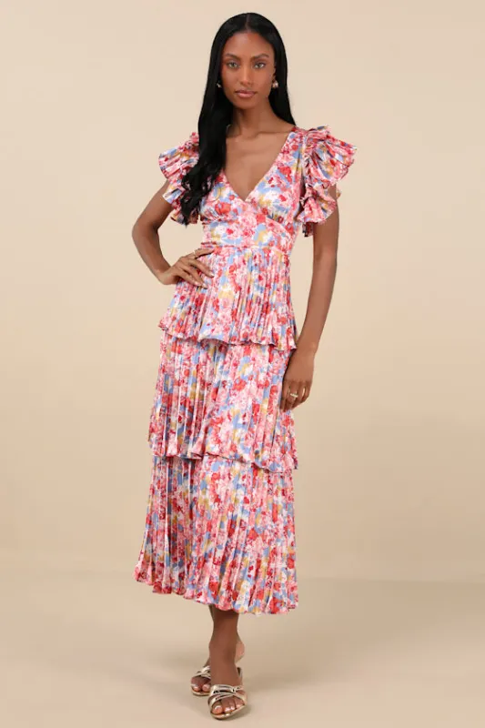 Stunning Desire Multi Floral Satin Pleated Tiered Midi Dress sold by Lulus