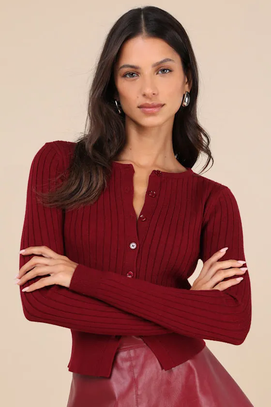 Perfect Classic Burgundy Ribbed Knit Cardigan Sweater sold by Lulus