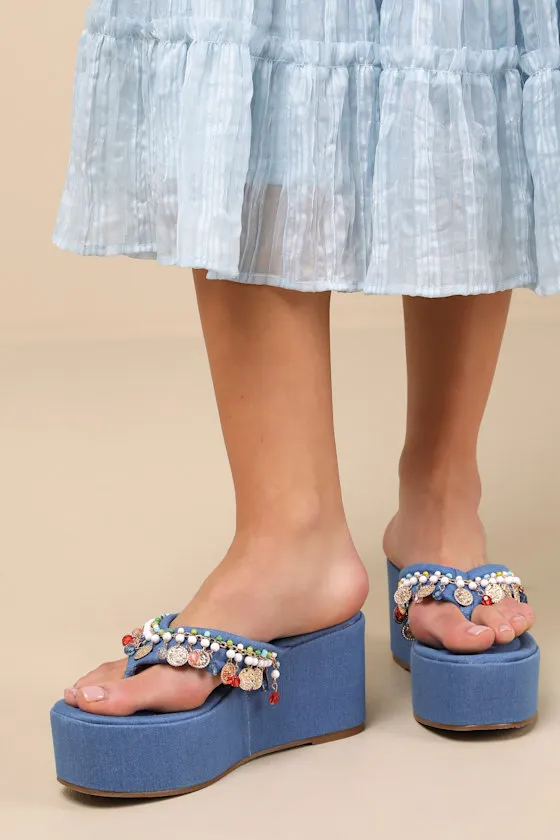 Tassilo Denim Embellished Flatform Thong Sandals sold by Lulus