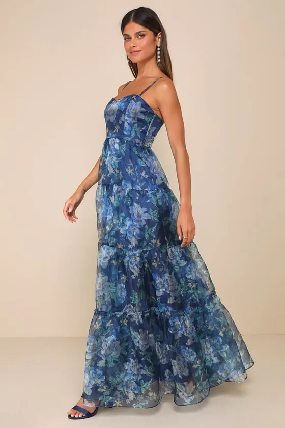 Exclusive Glamour Blue Floral Organza Tiered Maxi Dress sold by Lulus