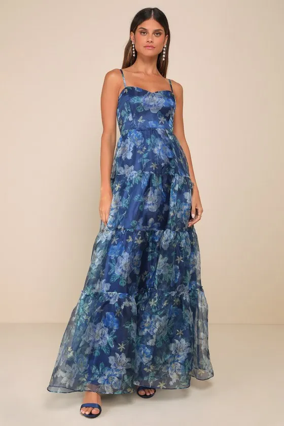 Exclusive Glamour Blue Floral Organza Tiered Maxi Dress sold by Lulus product image thumbnail 2