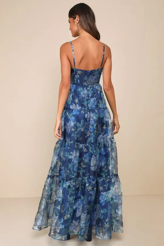 Exclusive Glamour Blue Floral Organza Tiered Maxi Dress sold by Lulus product image thumbnail 3