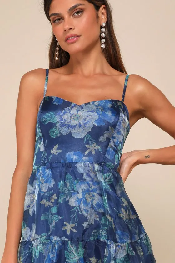 Exclusive Glamour Blue Floral Organza Tiered Maxi Dress sold by Lulus product image thumbnail 4