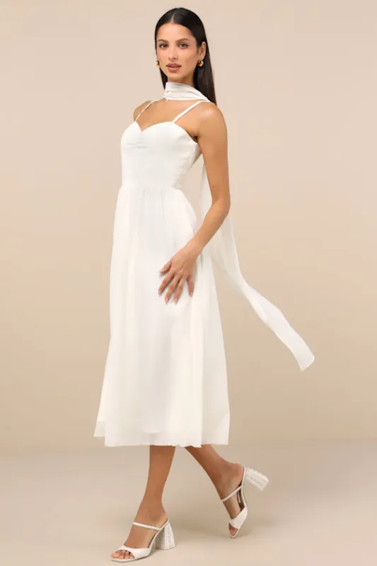 Irresistibly Darling Ivory Chiffon Midi Dress and Scarf Set sold by Lulus