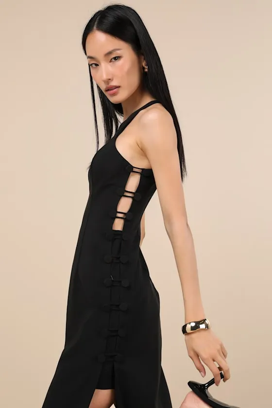 Masterfully Mod Black Side Button Midi Dress sold by Lulus