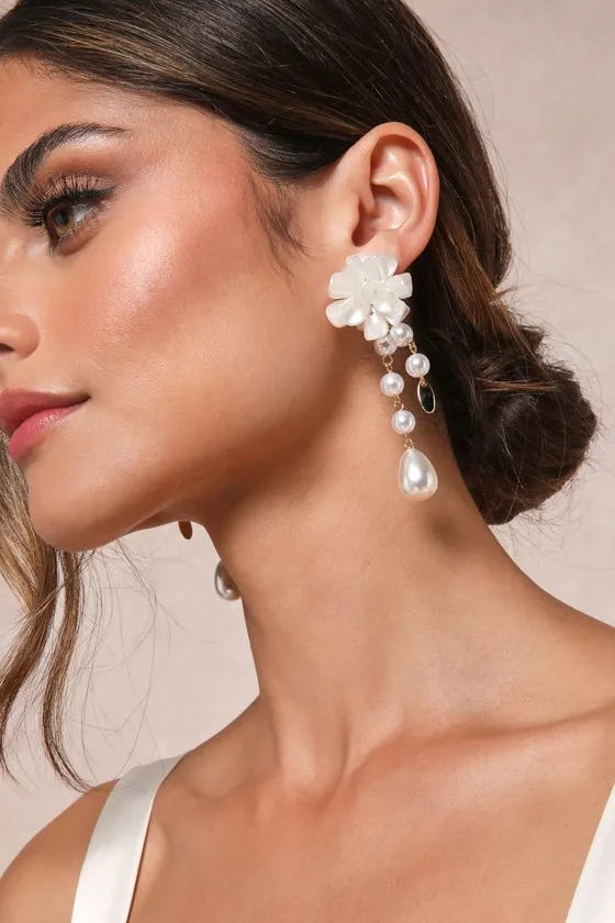 Beautiful Charm Gold and Ivory Floral Pearl Drop Earrings sold by Lulus