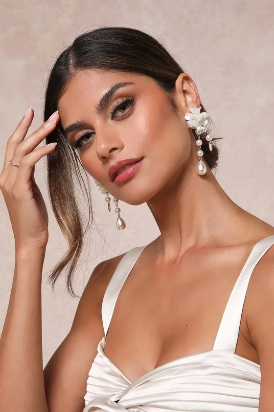 Beautiful Charm Gold and Ivory Floral Pearl Drop Earrings sold by Lulus product image thumbnail 2