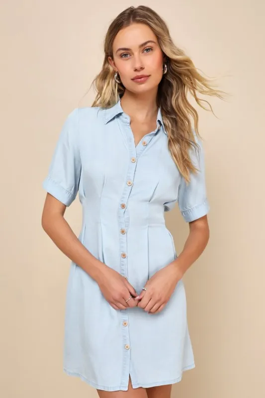 Easygoing Days Light Blue Chambray Button-Up Mini Dress sold by Lulus