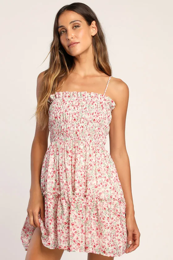 Petal Perfection Pink Floral Print Smocked Tiered Mini Dress sold by Lulus