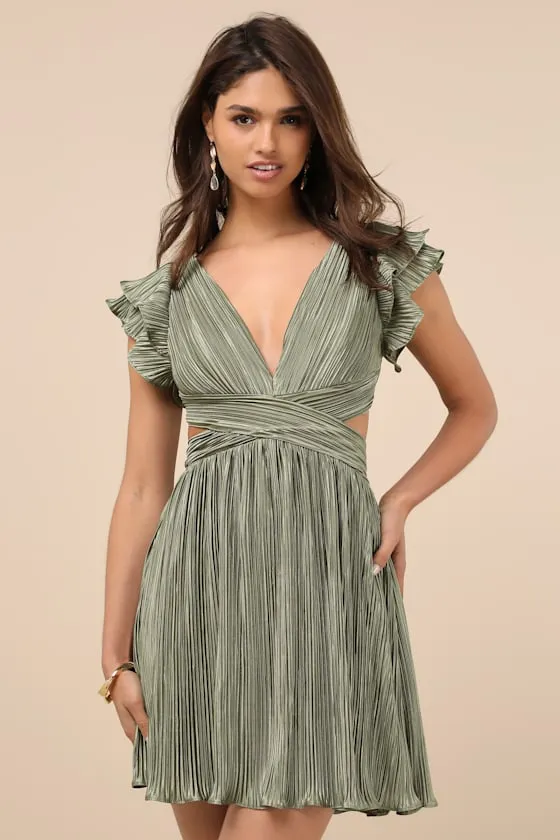 Captivating Delight Sage Green Plisse Satin Lace-Up Mini Dress sold by Lulus product image thumbnail 2