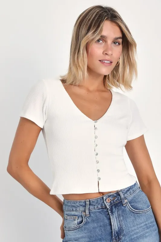 My Everyday Best Ivory Ribbed Short Sleeve Button-Front Top sold by Lulus