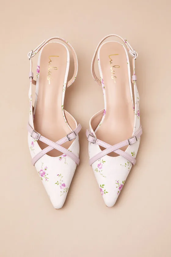 Marinette Lilac Floral Pointed-Toe Kitten Heel Pumps sold by Lulus product image thumbnail 4
