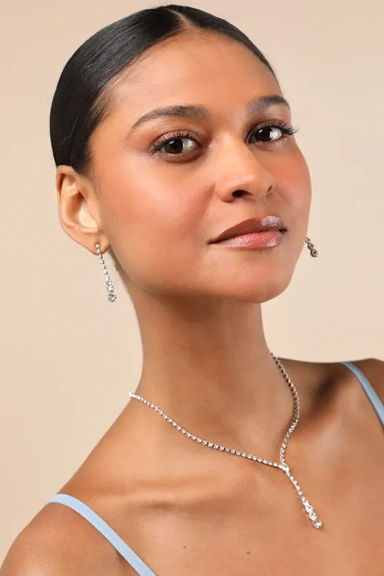 Solaris Silver Rhinestone Lariat Necklace and Earring Set sold by Lulus