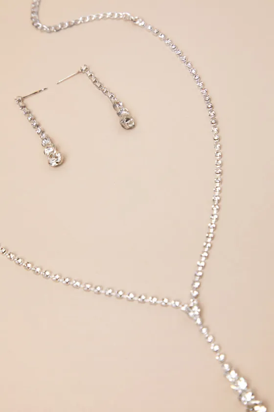 Solaris Silver Rhinestone Lariat Necklace and Earring Set sold by Lulus product image thumbnail 4