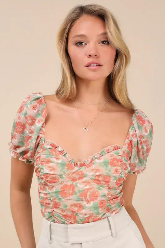 Vibrant Flirt Peach Floral Mesh Puff Sleeve Ruched Bodysuit sold by Lulus