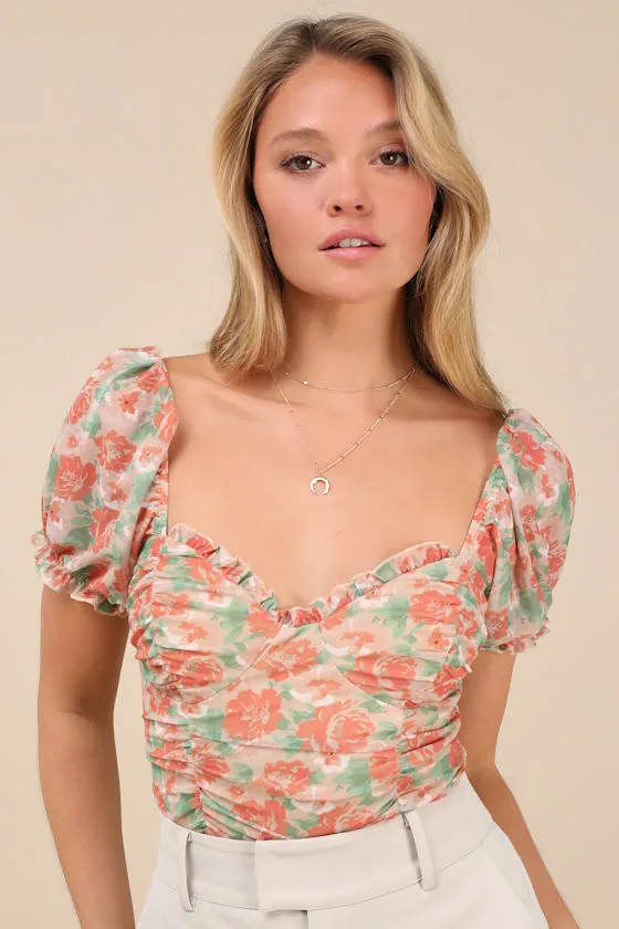 Vibrant Flirt Peach Floral Mesh Puff Sleeve Ruched Bodysuit sold by Lulus