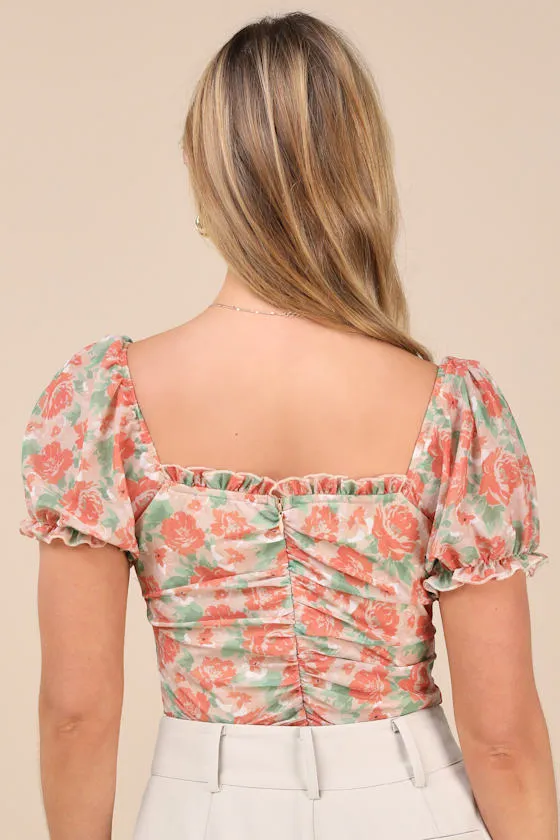 Vibrant Flirt Peach Floral Mesh Puff Sleeve Ruched Bodysuit sold by Lulus product image thumbnail 2