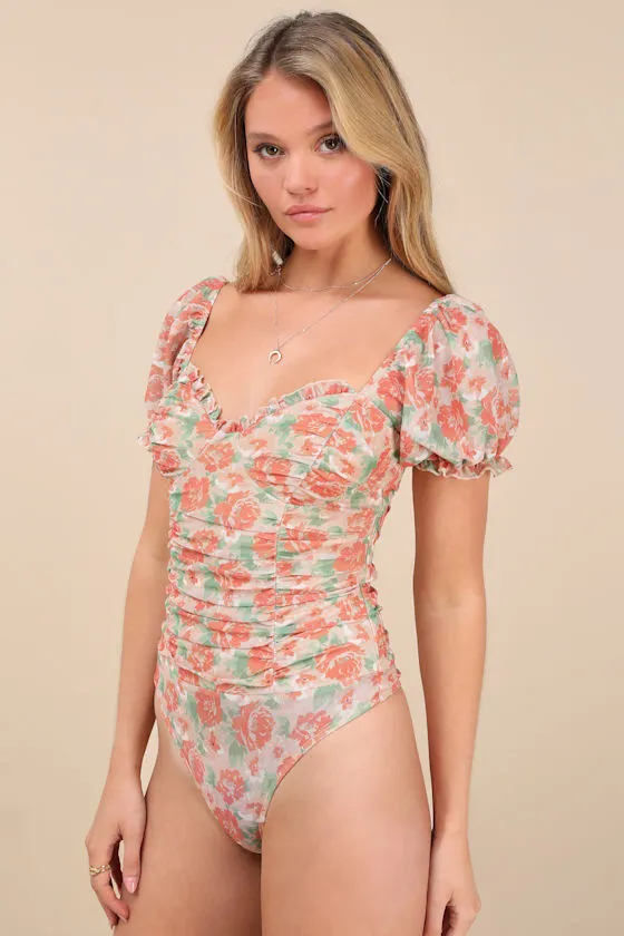 Vibrant Flirt Peach Floral Mesh Puff Sleeve Ruched Bodysuit sold by Lulus product image thumbnail 4