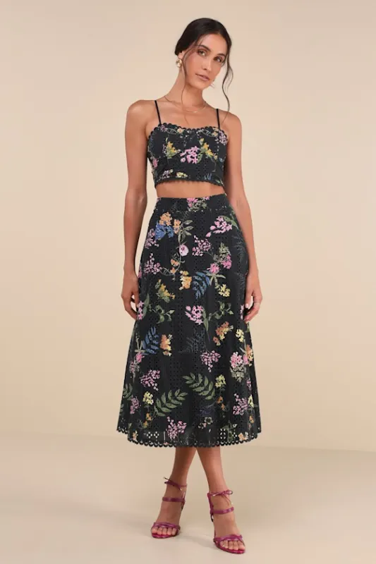 Sweet At Heart Black Floral Embroidered Two-Piece Midi Dress sold by Lulus