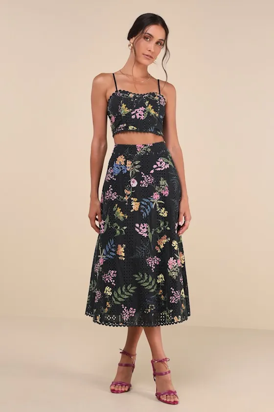 Sweet At Heart Black Floral Embroidered Two-Piece Midi Dress sold by Lulus