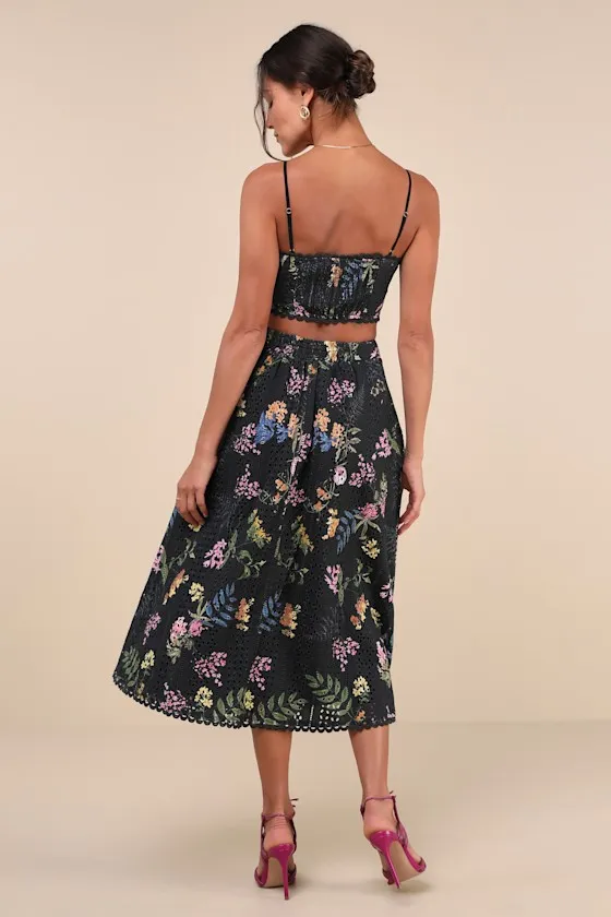 Sweet At Heart Black Floral Embroidered Two-Piece Midi Dress sold by Lulus product image thumbnail 2