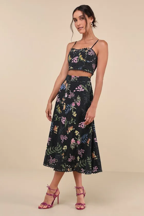 Sweet At Heart Black Floral Embroidered Two-Piece Midi Dress sold by Lulus product image thumbnail 4