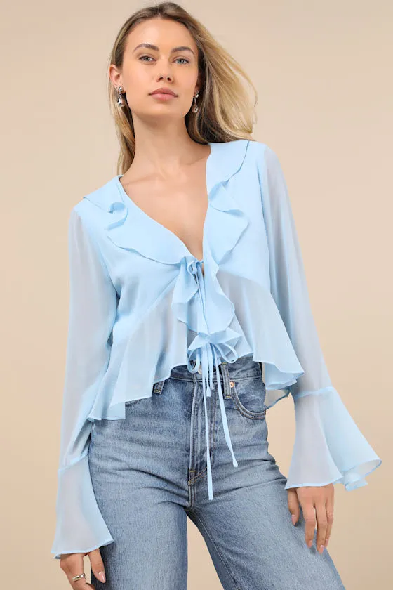Thriving Flirt Blue Chiffon Ruffled Long Sleeve Tie-Front Top sold by Lulus
