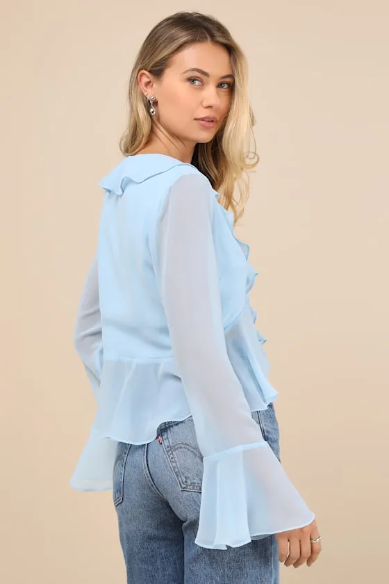 Thriving Flirt Blue Chiffon Ruffled Long Sleeve Tie-Front Top sold by Lulus product image thumbnail 3