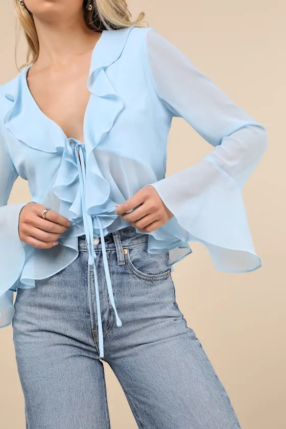 Thriving Flirt Blue Chiffon Ruffled Long Sleeve Tie-Front Top sold by Lulus product image thumbnail 4