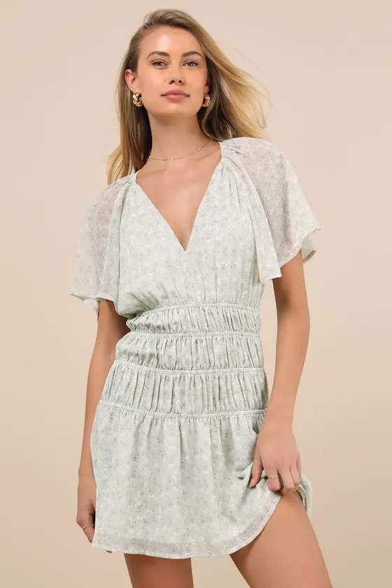 Chrislyn Light Sage Floral Flutter Sleeve Mini Dress sold by Lulus