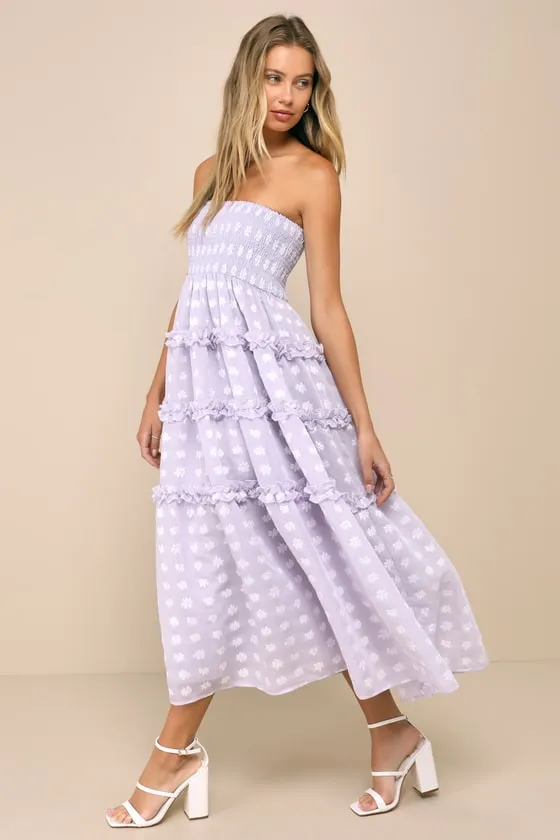 Beautiful Sentiments Lavender Floral Strapless Tiered Midi Dress sold by Lulus