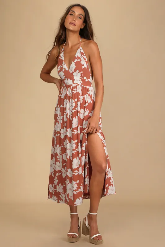 Follow the Summer Orange Floral Print Halter Midi Dress sold by Lulus