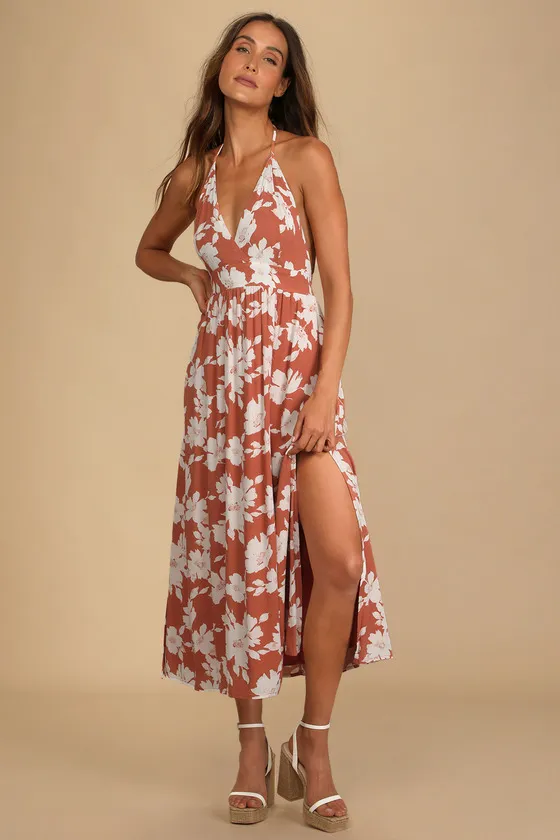 Follow the Summer Orange Floral Print Halter Midi Dress sold by Lulus