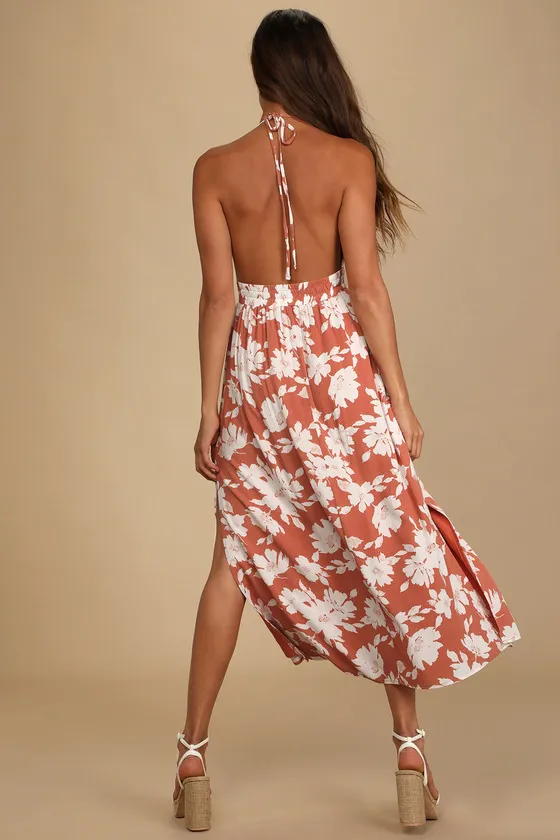 Follow the Summer Orange Floral Print Halter Midi Dress sold by Lulus product image thumbnail 4