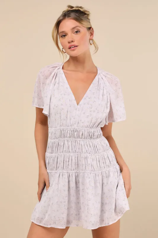 Chrislyn Light Lavender Floral Flutter Sleeve Mini Dress sold by Lulus