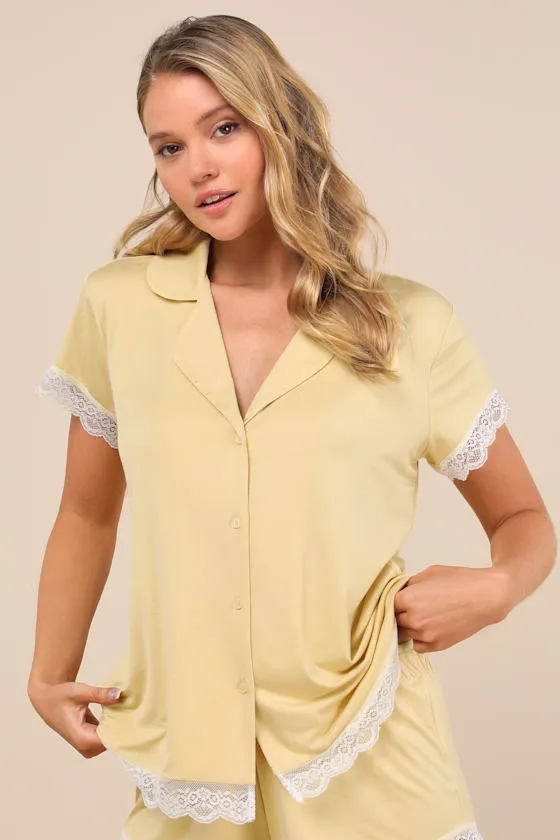 Snuggly Love Yellow Short Sleeve Lace Two-Piece Pajama Set sold by Lulus product image thumbnail 3