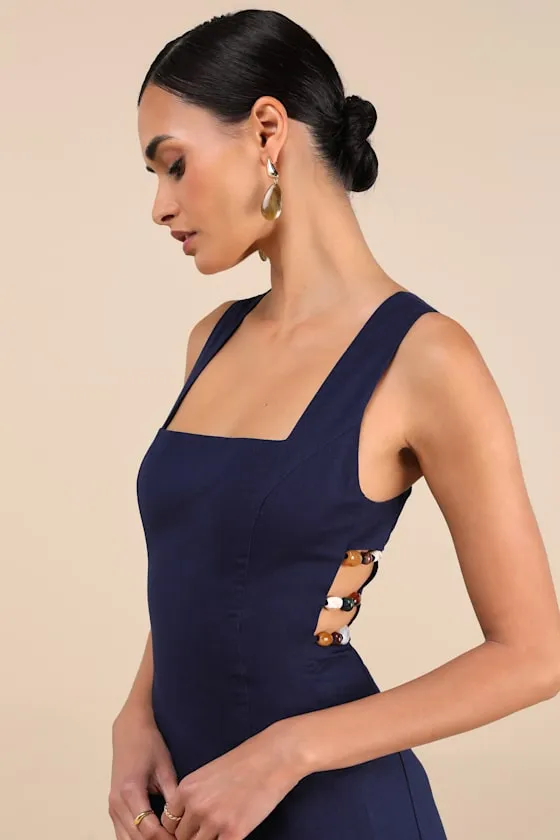 Pollie Navy Beaded Linen Sleeveless Mini Dress sold by Lulus