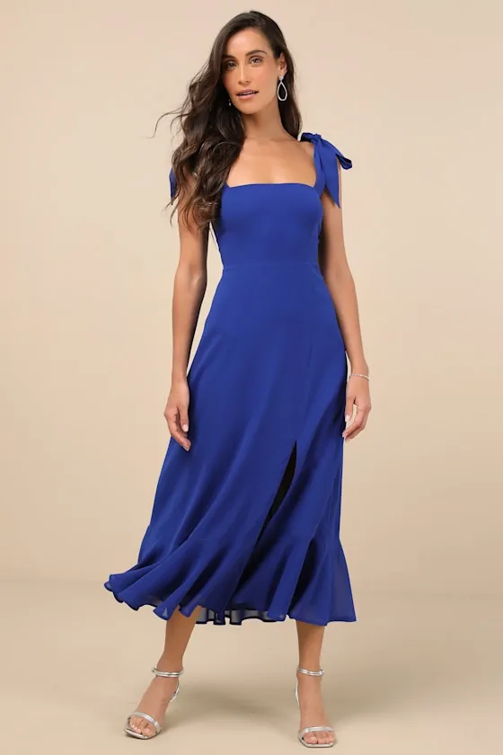Summer Invite Royal Blue Tie-Strap Tiered Midi Dress sold by Lulus