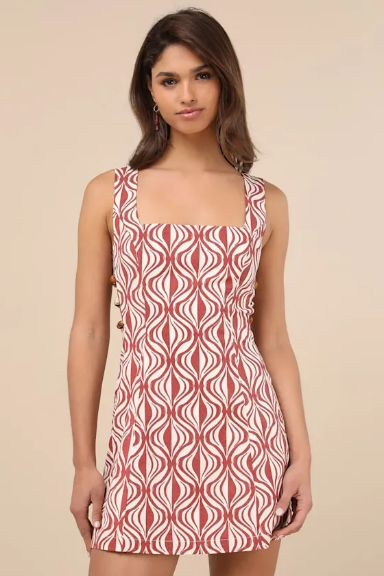 Pollie Rust and Cream Print Beaded Linen Sleeveless Mini Dress sold by Lulus product image thumbnail 2