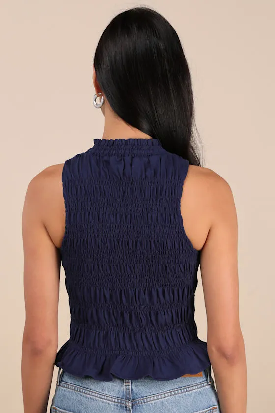 Rebekka Dark Navy Smocked Mock Neck Peplum Sleeveless Top sold by Lulus product image thumbnail 2