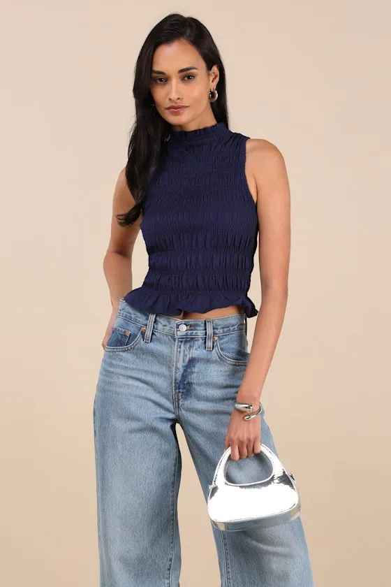 Rebekka Dark Navy Smocked Mock Neck Peplum Sleeveless Top sold by Lulus product image thumbnail 3