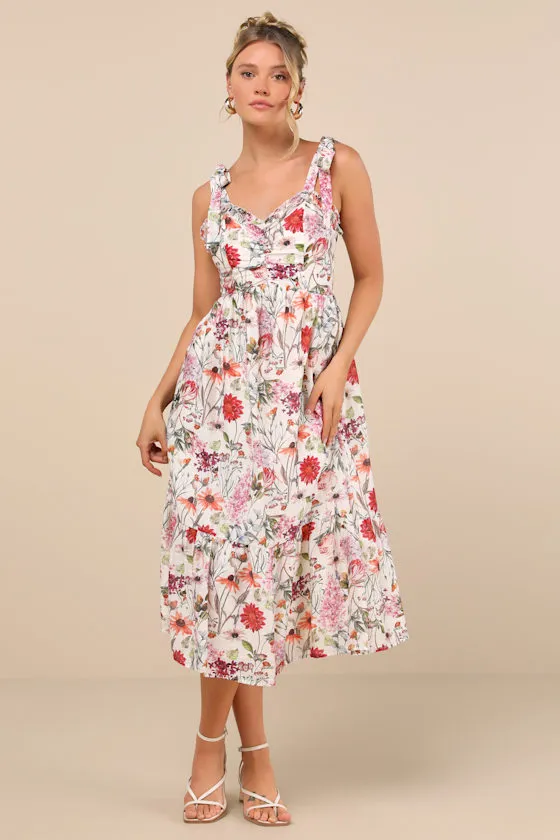Cecily Ivory Floral Ruffled Tie-Strap Midi Dress sold by Lulus